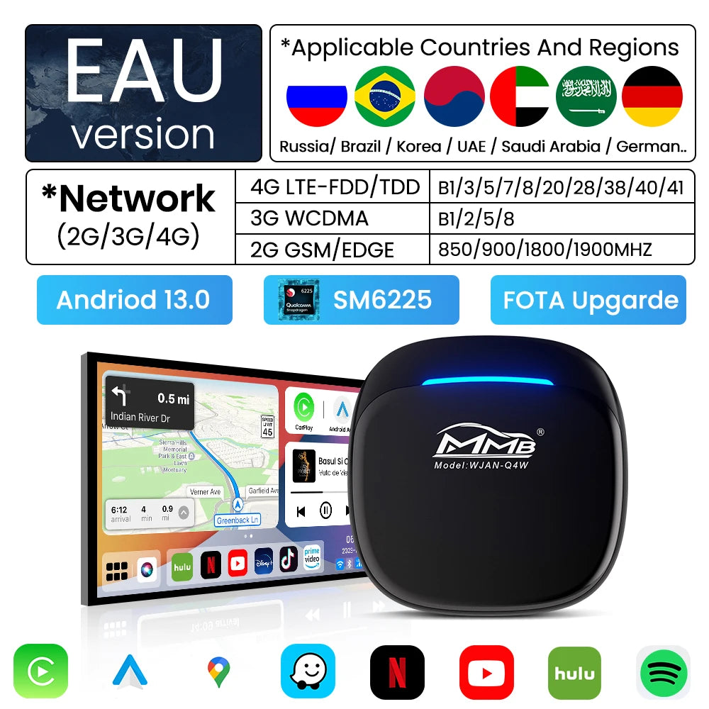 MMB MAX 5.0 “Road Riot AI Box” — Android 13, 8-Core QCM6225, Wireless CarPlay & Android Auto, Split-Screen GPS, 8GB+128GB, Netflix/YouTube