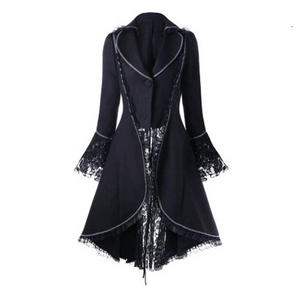 Women Lace Trim Lace-up High Low Coat Black Steampunk Victorian Style Gothic Jacket Medieval Noble Court Dress Plus Size S-5XL - Premium  from Lizard Vigilante - Just $18.99! Shop now at Lizard Vigilante