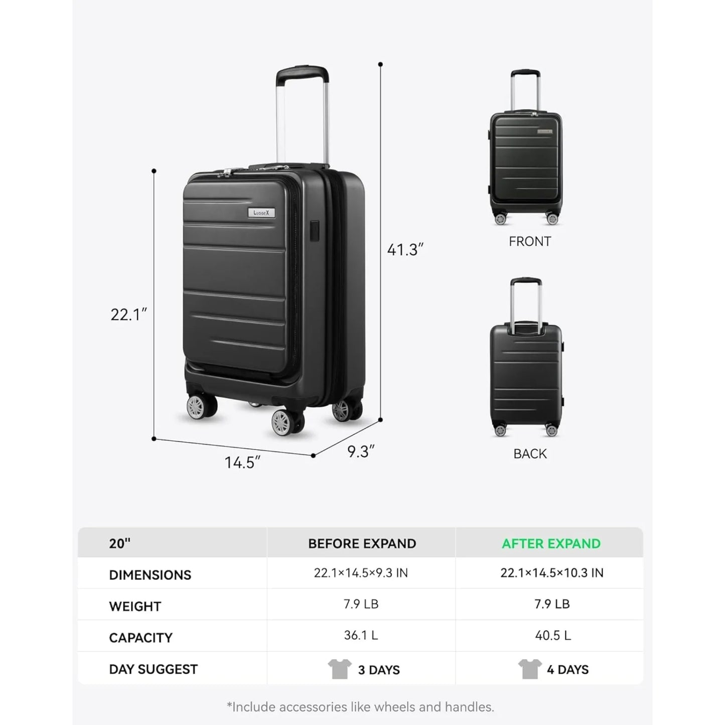 LUGGEX Carry On Luggage 22x14x9 Airline Approved, Expandable Polycarbonate Suitcase with Front Pocket(Black, 20 Inch, 36.1L) - Premium  from Lizard Vigilante - Just $156.99! Shop now at Lizard Vigilante