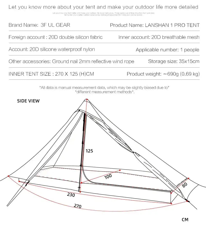 [HODR] 3F UL GEAR Lanshan 1 pro Tipi Tent Rodless Solo Ultralight 690g 20D Nylon Fabric Camping Season Tent Trekking Tents