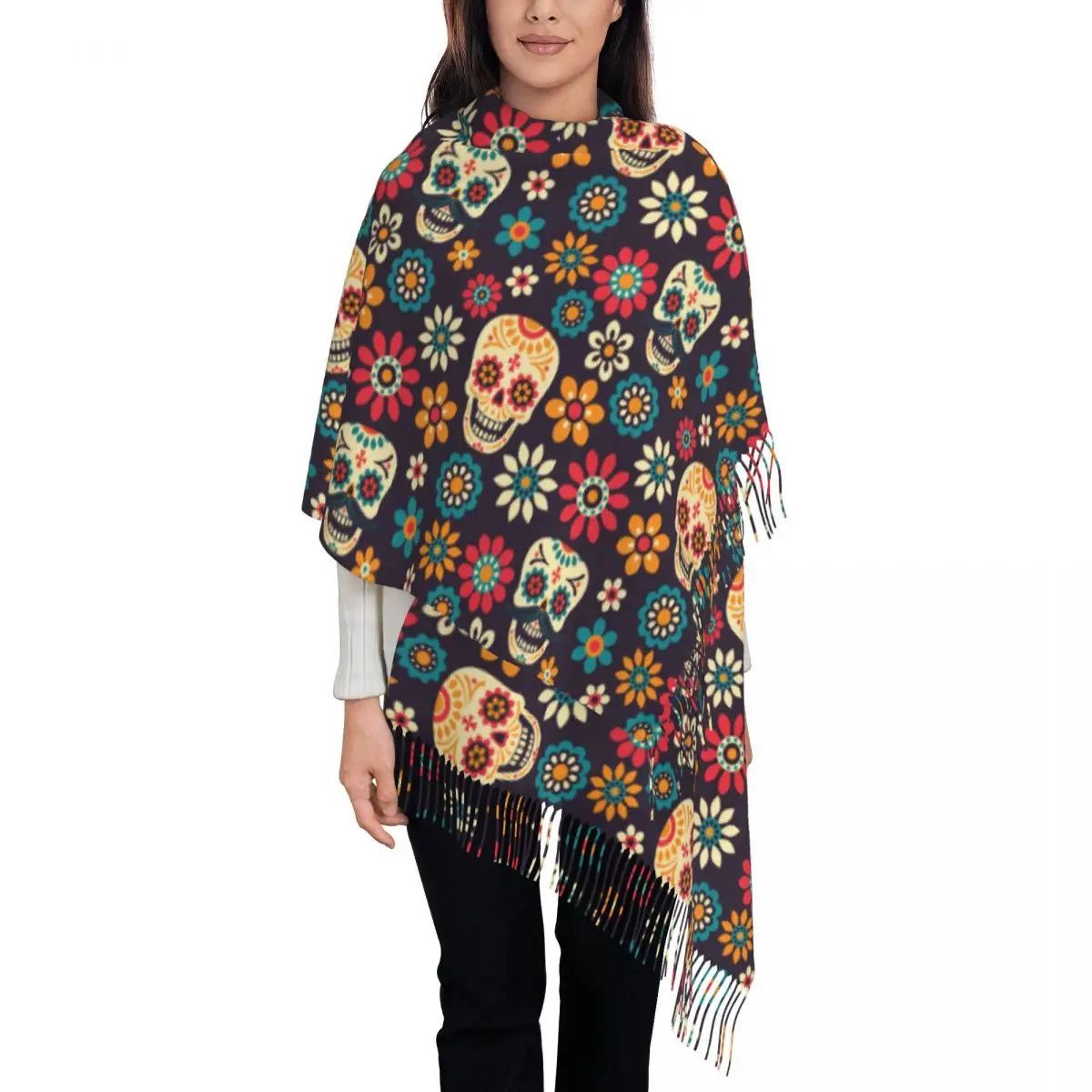 Day of the Dead Sugar Skull Colorful Flower Scarf – Warm Pashmina Shawl, Wrap for Women - Premium scarf from Lizard Vigilante - Just $23.66! Shop now at Lizard Vigilante