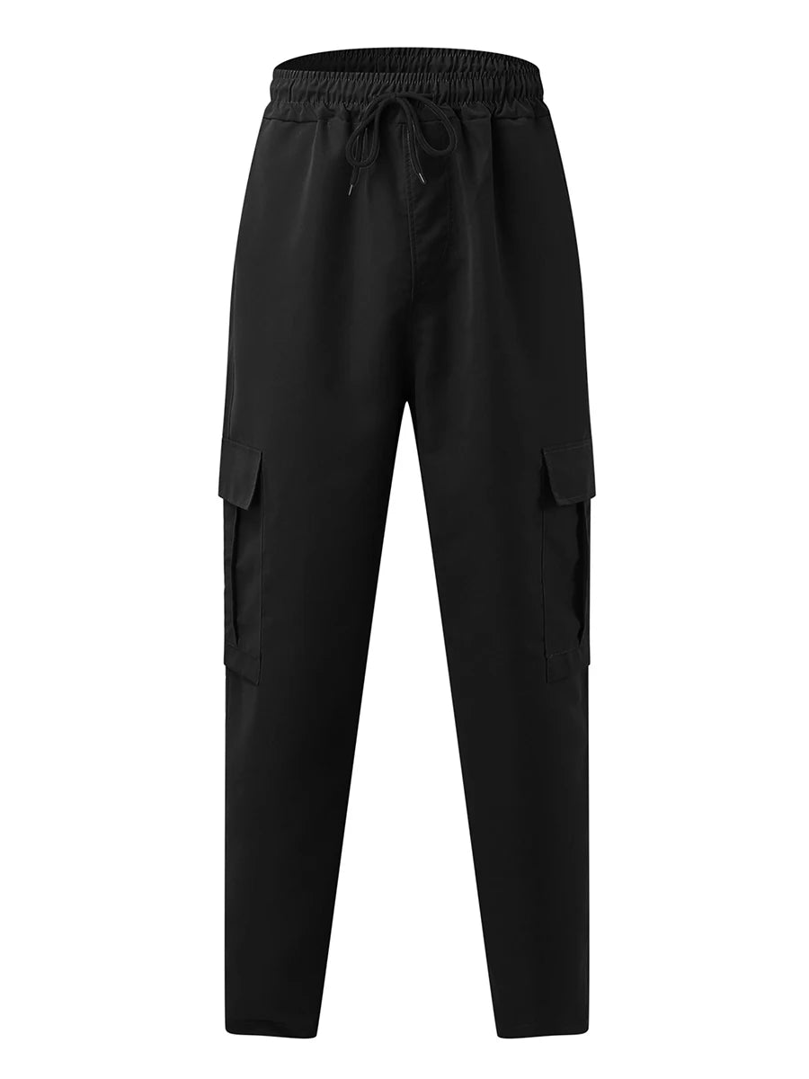 Men’s Loose Cargo Pants – Solid Color Drawstring Waist, Straight Leg Casual Work Trousers with Pockets - Premium cargo pants from Lizard Vigilante - Just $27.99! Shop now at Lizard Vigilante