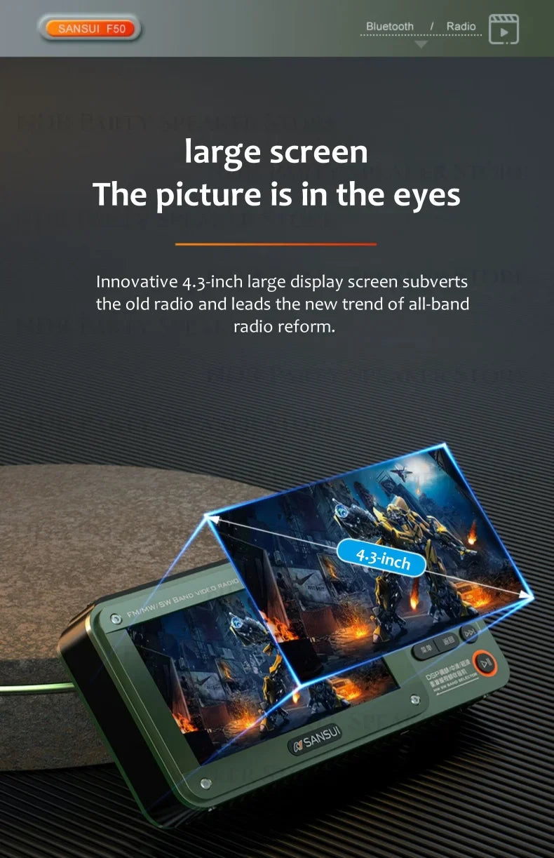 SANSUI Wireless Bluetooth Speakers Home Full-band Radio LED HD Video Player Portable MP4 Walkman Built-in Rechargeable Battery