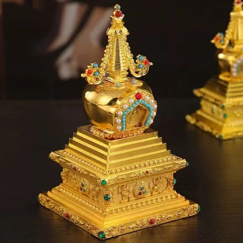 Buddha Statue Pagoda,Engraving Inlaid Gem Tibetan Alloy Double-Layer Tower,Altars Stupa,Buddhist Item Religious Decorative