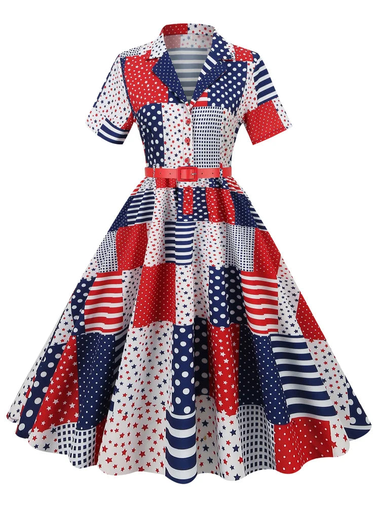 2024 Election American Flag Collar Button Up Star Print Women Short Sleeve Belted 50s 60s Pinup A-Line Vintage Dresses - Lizard Vigilante