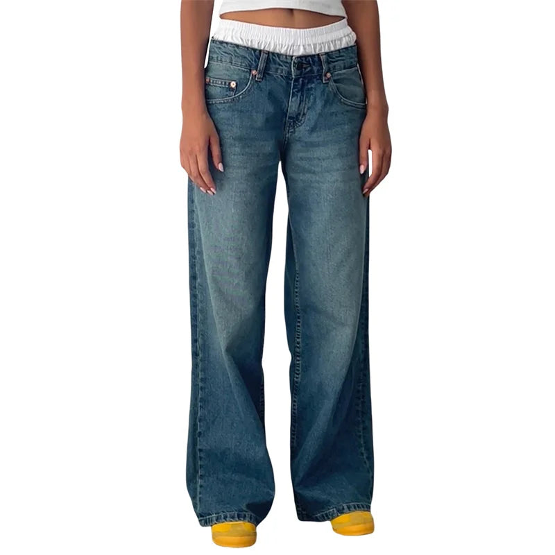 Lamuusaa Jeans y2k Clothes Women Solid Color Low Waist Waist Wide Leg Denim Pants Trousers with Multi Pockets 2000s Streetwear