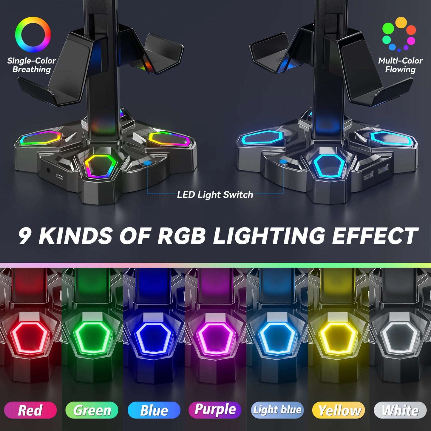 USB Hub Controller Holder Headphones Stand Rotatable Headset Stand with 9 Light Modes with 2 USB Charging Type-C Ports - Premium headphone stand from Lizard Vigilante - Just $48.88! Shop now at Lizard Vigilante