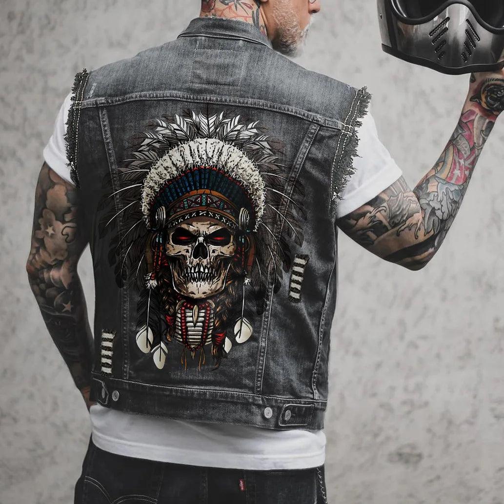 Street Motorcycle Show Winged Eagle Printing Casual Heavy Craftsmanship Worn Out Washed Men's Denim - Lizard Vigilante