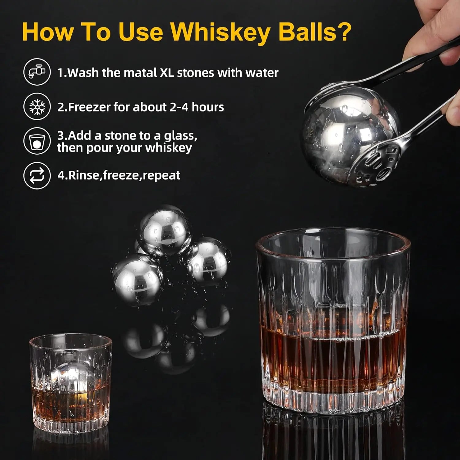 4PCS Stainless Steel Whiskey Stones with Tongs - Reusable Ice Balls for Whiskey, Beer, Juice, and More - Family Party Bar Chilling Tool - Premium  from Lizard Vigilante - Just $38.88! Shop now at Lizard Vigilante