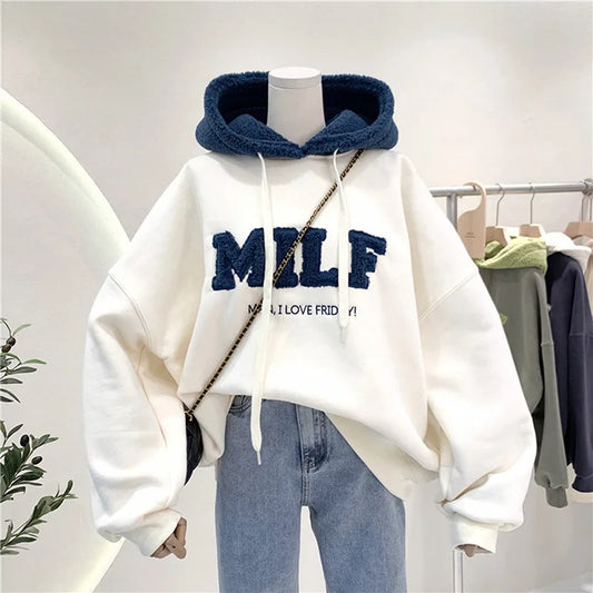 MILF Man I Love Friday! Fashion Patchwork Oversize Sweatshirt Women Winter Casual Loose Cotton Thick Letter Long Sleeve Hoodies Female Streetwear - Premium Long-sleeve hoodie from Lizard Vigilante - Just $39.99! Shop now at Lizard Vigilante