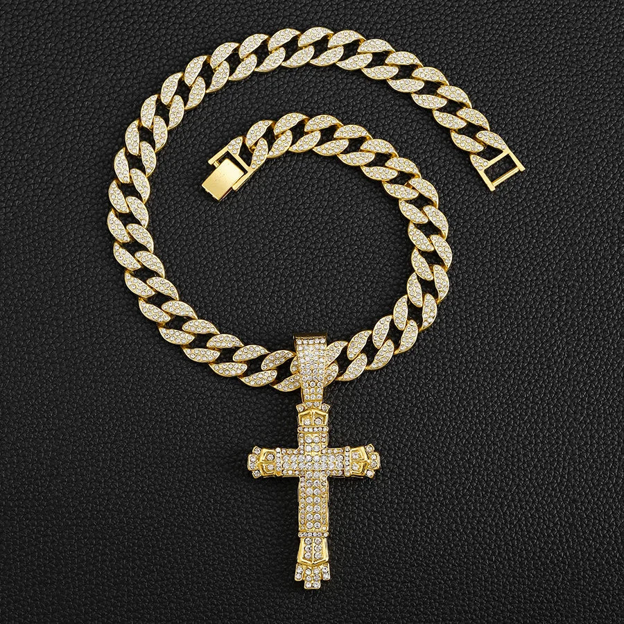 Rap Cross Pendant Necklace | Rhinestone Hip-Hop Jewelry | Unisex Gold and Silver Chains - Premium Necklace from Lizard Vigilante - Just $15.99! Shop now at Lizard Vigilante