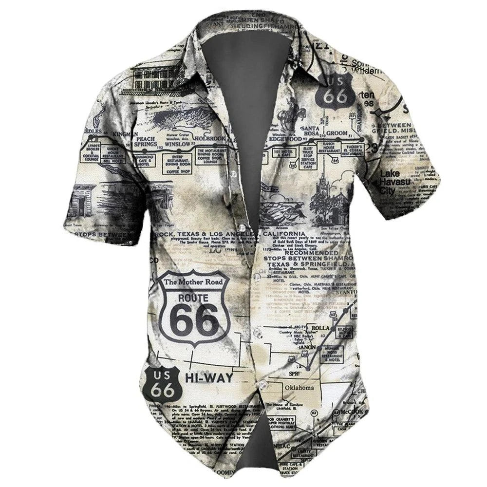 "U.S. Route 66 Retro Hawaiian Shirt" - 3D Fashion Short Sleeve Streetwear for Men - Premium hawaiian shirt from Lizard Vigilante - Just $26.66! Shop now at Lizard Vigilante