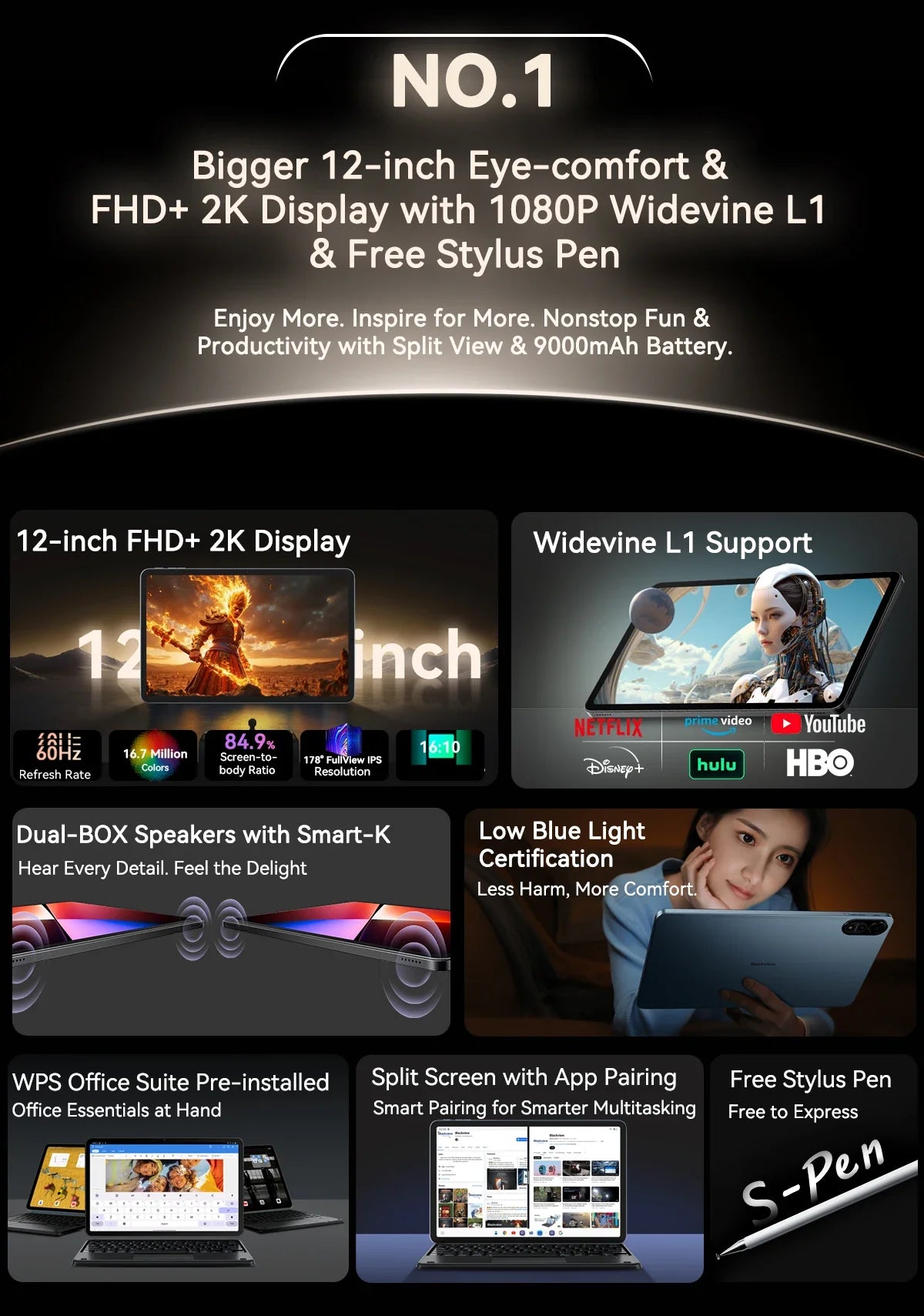 Blackview MEGA 2 Tablets 12 inch 2K Display Widevine L1 24GB(8+16) Android 15 256GB 9000mAh AI Main Camera Pad PC