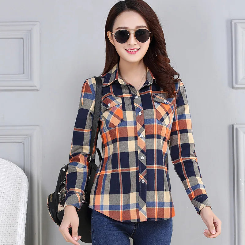 Women’s Cotton Flannel Plaid Shirt – College Style Long Sleeve Blouse with Pockets – Timeless Casual Elegance - Premium shirt from Lizard Vigilante - Just $38.88! Shop now at Lizard Vigilante