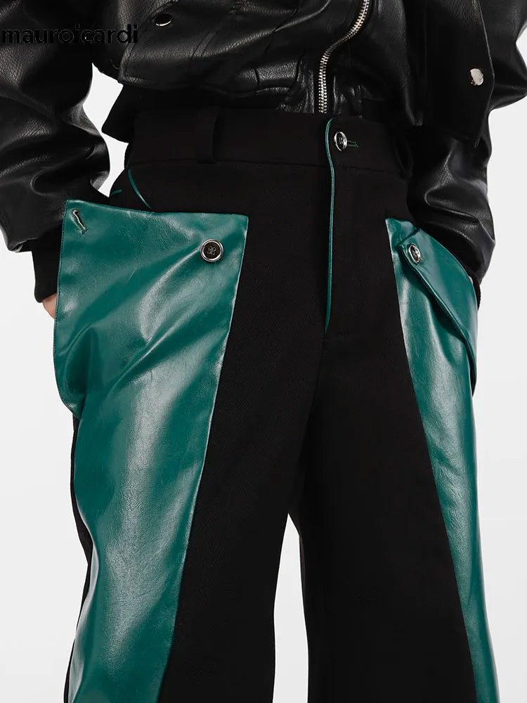 Patchwork Leather Combat Trousers – Mauroicardi Black & Toxic Green High-Waist Men’s Street Pant for Chaos & Club Damage - Premium pants from dsers - Just $159.99! Shop now at Lizard Vigilante