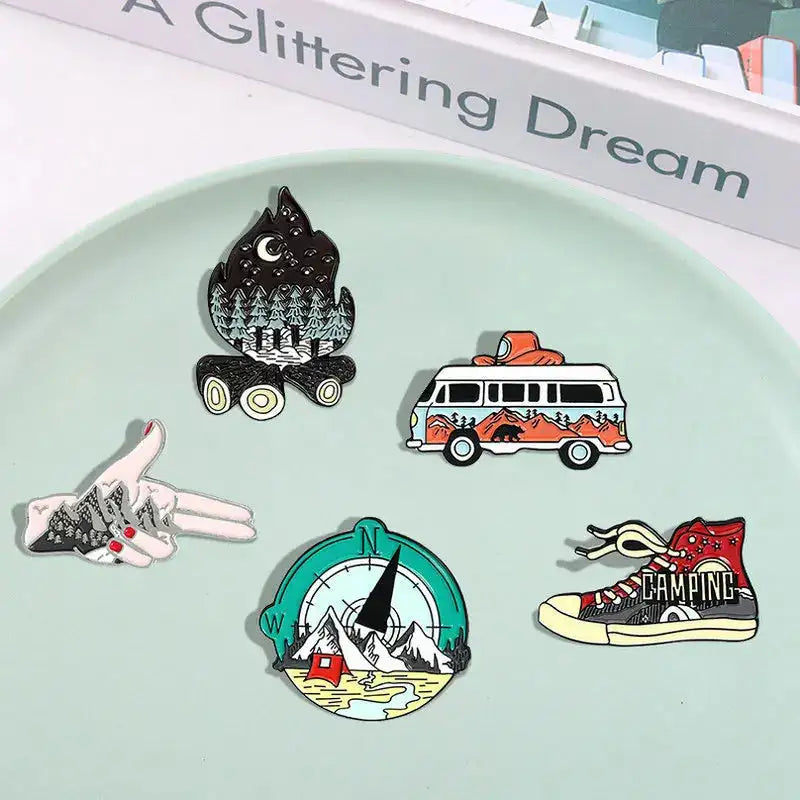 Camping Life Enamel Pin Outdoor Compass Canvas Shoe Bonfire Tent Motorhome Brooches Bag Lapel Pin Badge Jewelry Gift for Friends