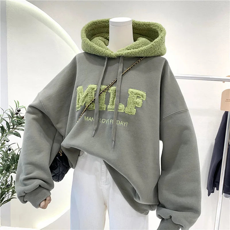 MILF Man I Love Friday! Fashion Patchwork Oversize Sweatshirt Women Winter Casual Loose Cotton Thick Letter Long Sleeve Hoodies Female Streetwear - Premium Long-sleeve hoodie from Lizard Vigilante - Just $39.99! Shop now at Lizard Vigilante