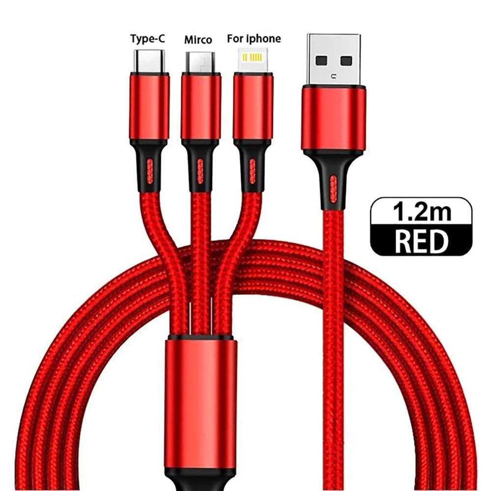 3 In 1 USB Type C Cable Phone Charge Cable Nylon Braided Universal Charging Data Cord For iphone 14 Xiaomi Huawei Mate 40 - Premium  from Lizard Vigilante - Just $12.99! Shop now at Lizard Vigilante
