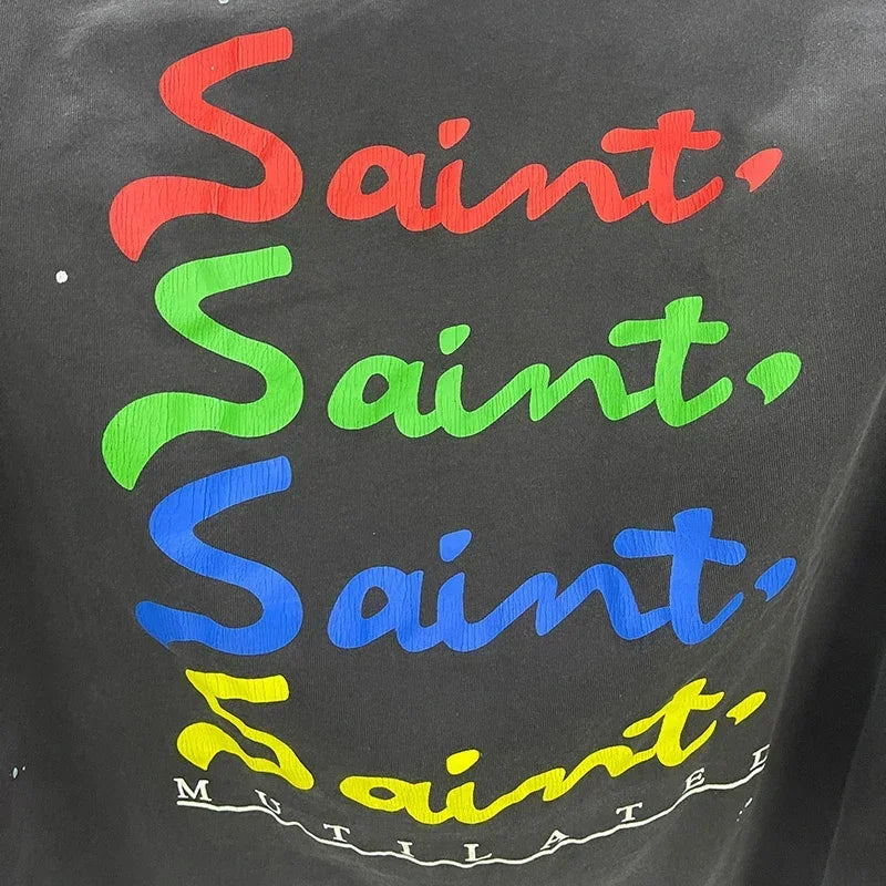 Men Women High Street Vintage Washed Black T-Shirt Top Quality Cototn TEE 3D Cracked Letters Logo Print Saint T Shirt With Tags - Premium  from Lizard Vigilante - Just $64.99! Shop now at Lizard Vigilante