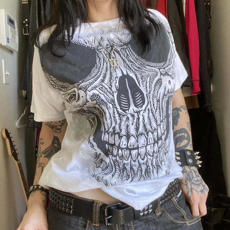 2000s Aesthetic Mall Goth E-girl Gothic T-shirt Retro Y2K Grunge Skull Wing Crop Tops Indie Graphic Print Short Sleeve Tee Women - Premium T-Shirt from Lizard Vigilante - Just $29.99! Shop now at Lizard Vigilante