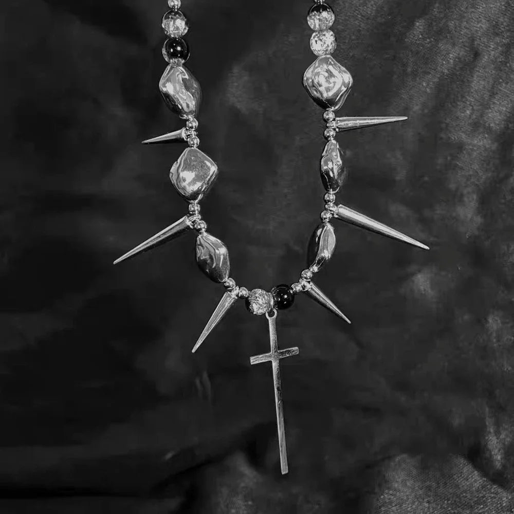 Retro Y2K Long Spike Rivet Necklace Stainless Steel Cross Hip Hop Necklace for Women Vintage Grunge Style Party Jewelry