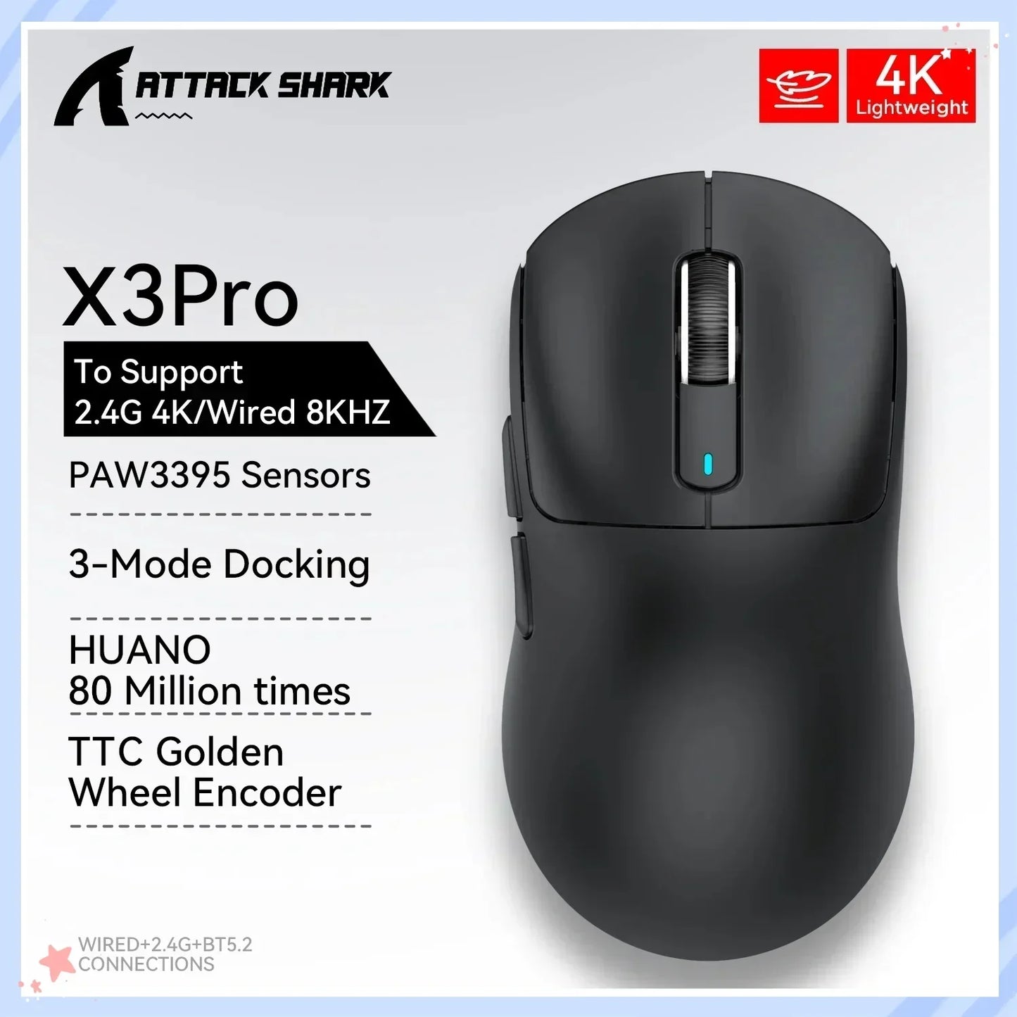 Attack Shark X3Pro Wireless  Gaming Mouse PixArt PAW3395 26000dpi Bluetooth Optical Mouse Tri-Mode Connection Macro Gaming Mouse