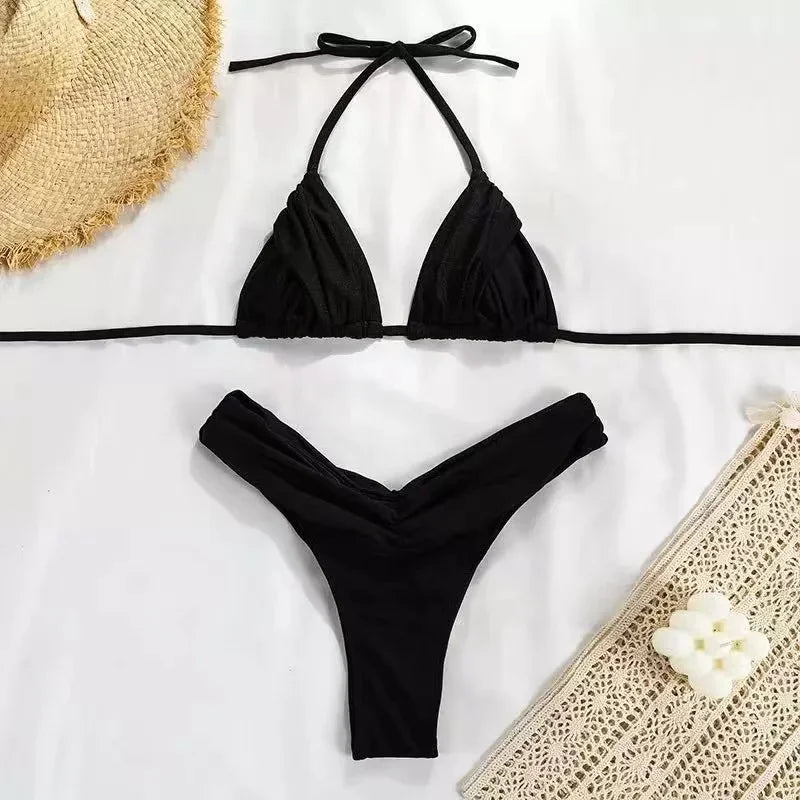 Micro Bikinis 2024 Women Halter Brazilian Bikini Set Female Pleated Swimsuit New Triangle Swimwear BeachWear Bathing Suit - Premium  from Lizard Vigilante - Just $21.49! Shop now at Lizard Vigilante