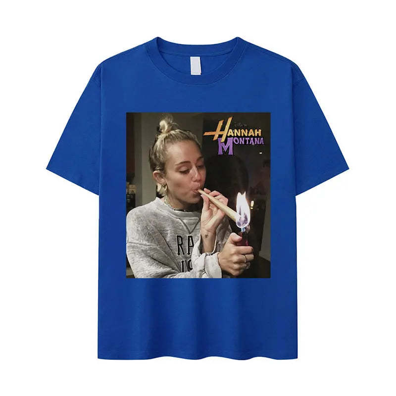 Miley Cyrus Funny Smoking Graphic T-Shirt | Hannah Montana Vintage Aesthetic Men’s & Women’s Casual Oversized Cotton Tee - Premium T-Shirt from Lizard Vigilante - Just $26.66! Shop now at Lizard Vigilante