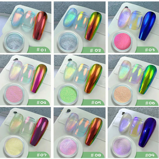 9Jar/Set Aurora Moonlight Mirror Nail Powder 9 Colors Pearl Mermaid Unicorn Nail Chrome  UV Gel Polish  Pigment DIY Nail Decor