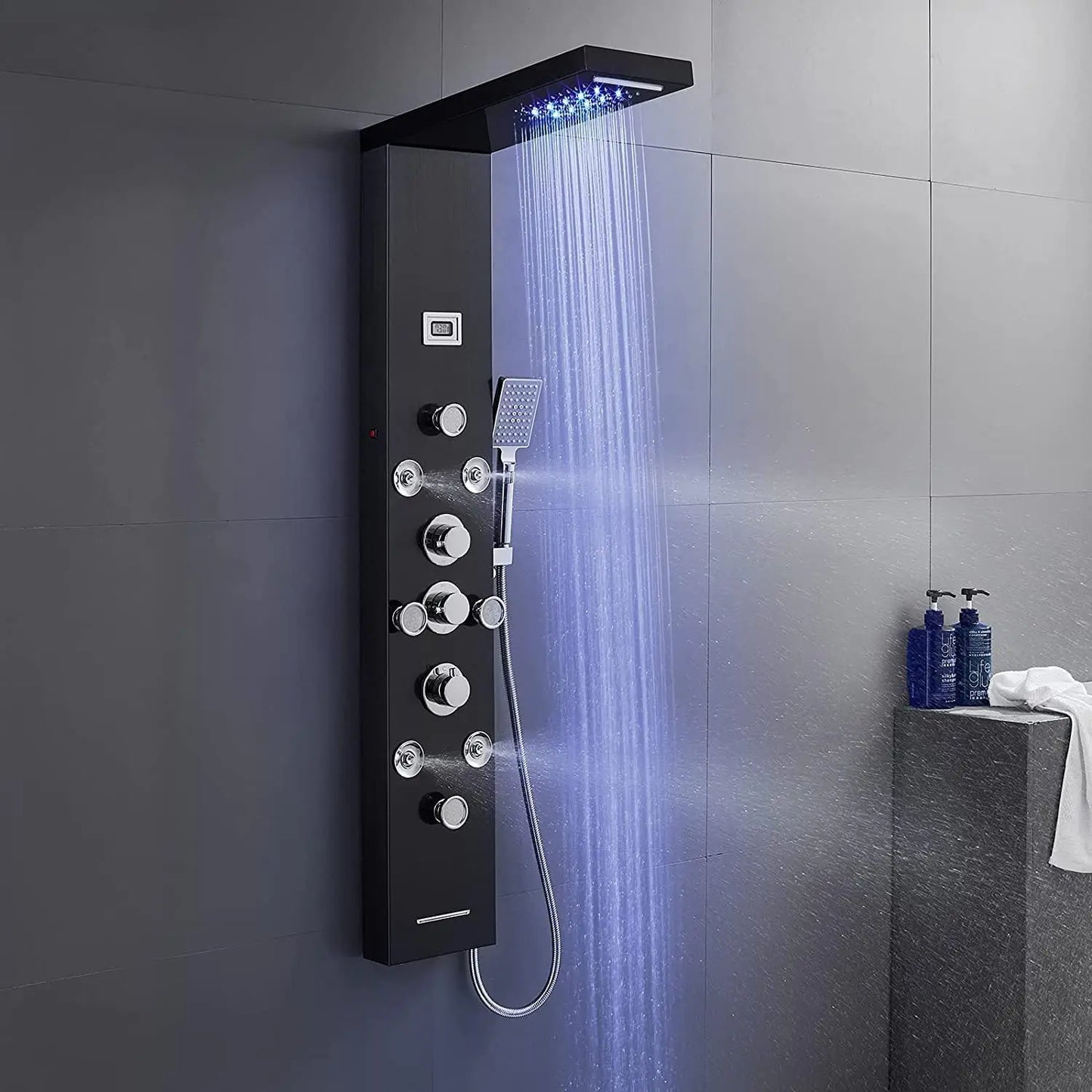 POPFLY LED Shower Panel with Shelf – Black 304 Stainless Steel, Multi-function Mist & Rainfall Shower System with Body Jets and Tub Spout - Premium shower panel from Lizard Vigilante - Just $146.99! Shop now at Lizard Vigilante