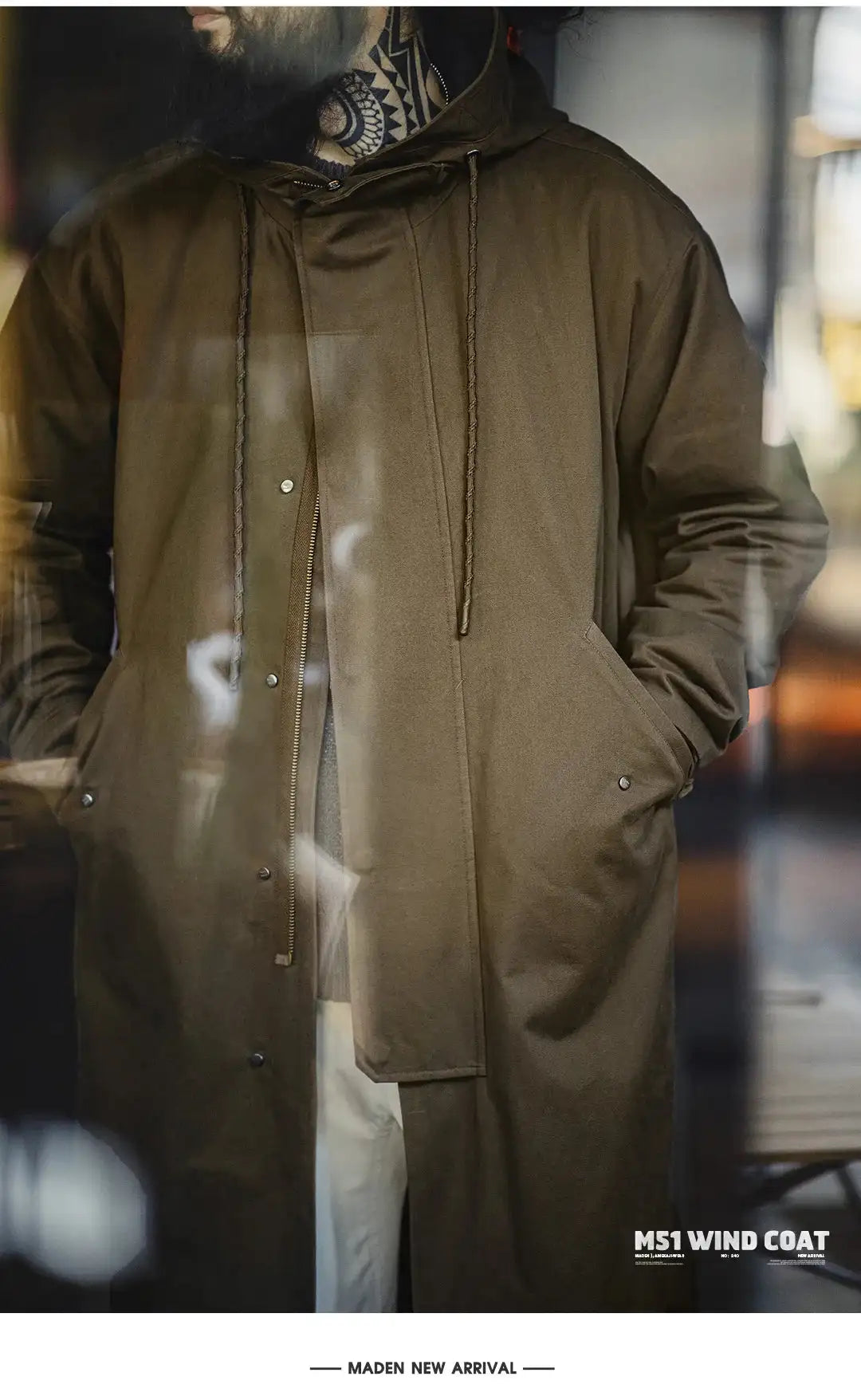 Maden Retro M51 Hooded Windbreaker Loose Fit Cotton Zipper Mid-length Jacket Versatile Solid Color Outerwear for Men's Autumn