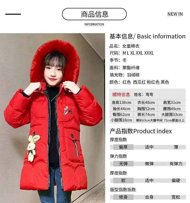 4 Color Big Size Winter Keep Warm Long Style Girls Jacket Teenage Thick Heavy Cold-proof Hooded Windbreaker Coat For Kids