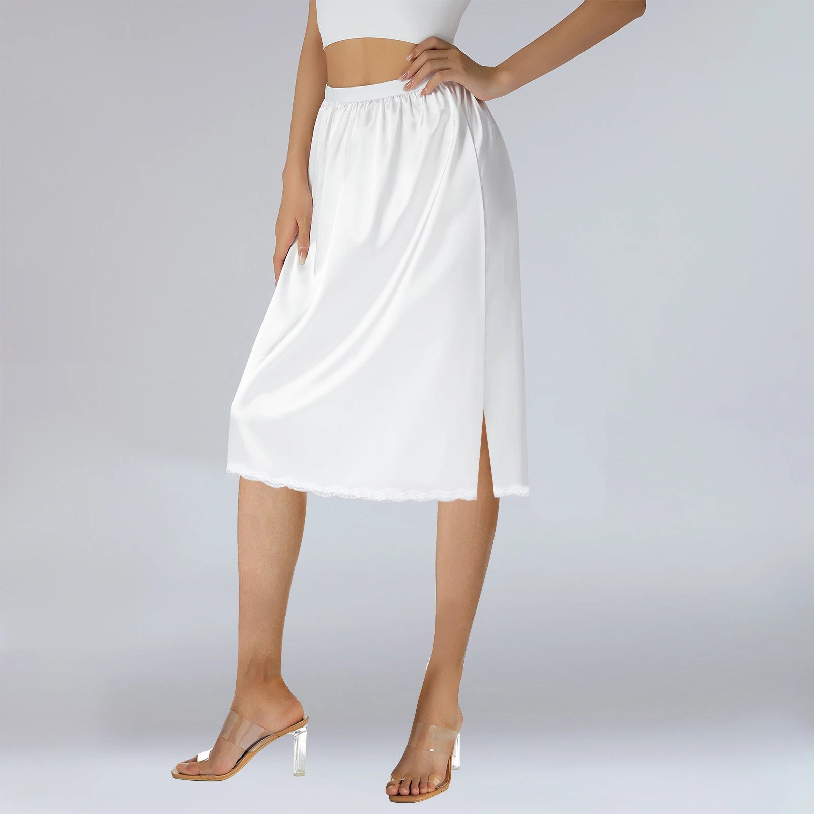 Goocheer Satin Underskirt – Women’s Solid Color Elastic Waist Lace Trim Skirt for Under Dresses - Premium skirt from Lizard Vigilante - Just $22.88! Shop now at Lizard Vigilante