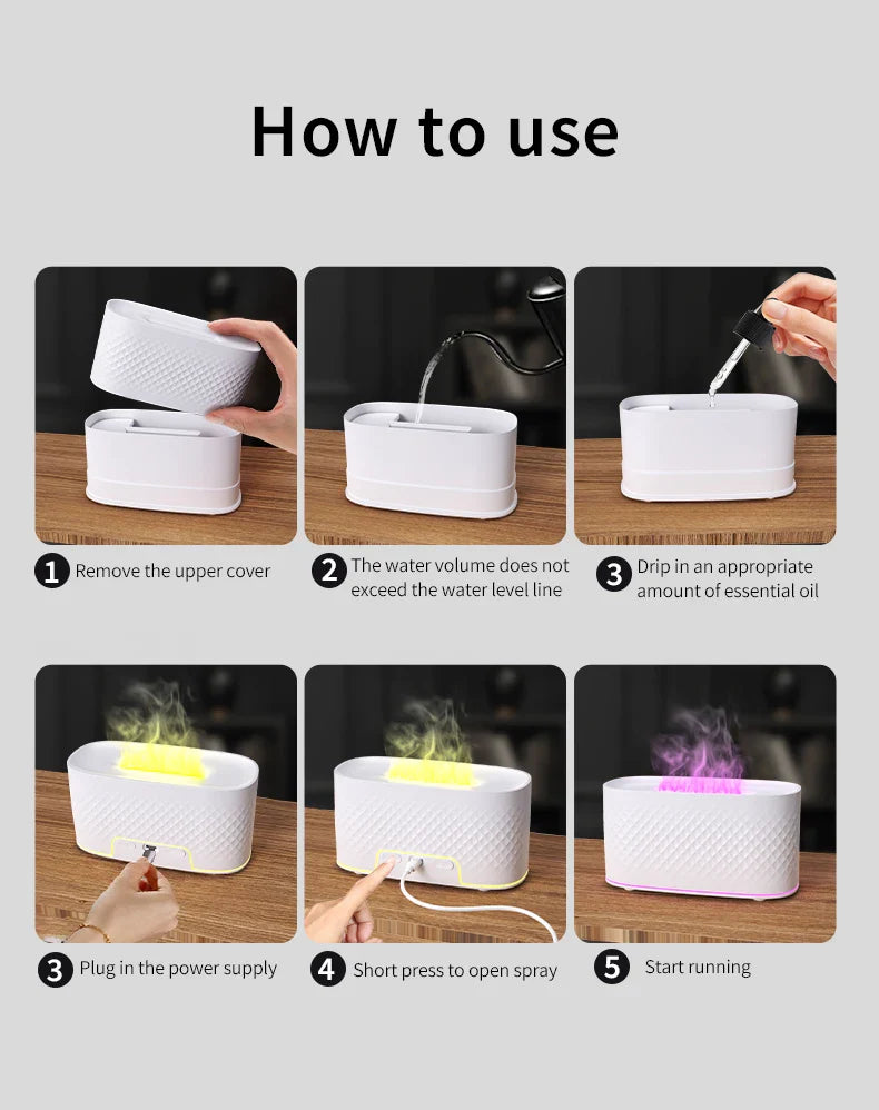 Colorful Simulation Flame Aroma Diffuser Home Hotel Desktop USB Air Humidifier