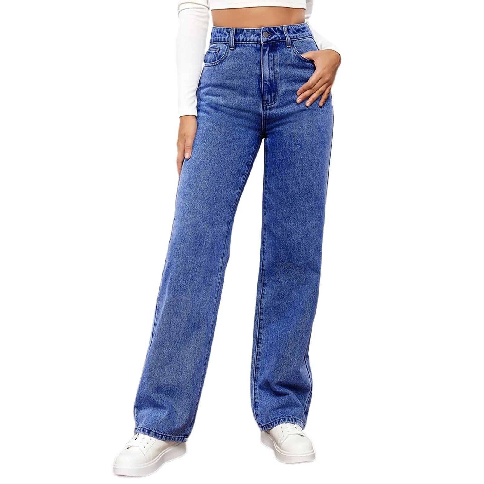 Women Fashion Straight Leg Jeans Loose Button Pocket Washed Denim Pants High Waist Stretchy Denim Trousers 2024 Female Clothes - Premium  from Lizard Vigilante - Just $30.99! Shop now at Lizard Vigilante