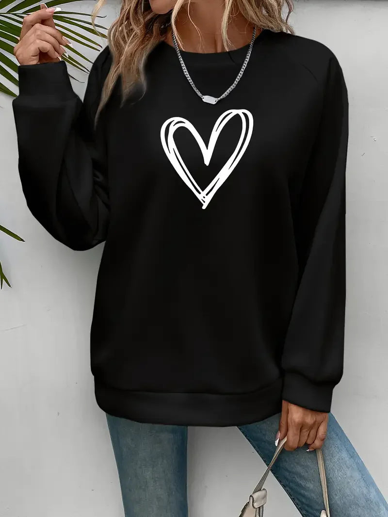 Heart Print Casual Pullover Sweatshirt for Women – Cozy Crew Neck, Fall & Spring Essential - Premium sweatshirt from Lizard Vigilante - Just $38.88! Shop now at Lizard Vigilante