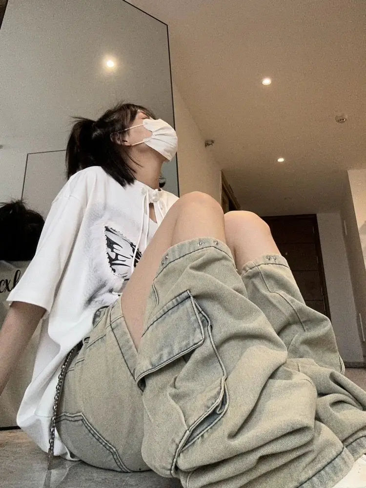 American New Detachable Design Sense Tooling Jeans Female Y2K Fashion Gothic Retro High Street Straight Small Vibe Waisted Pants