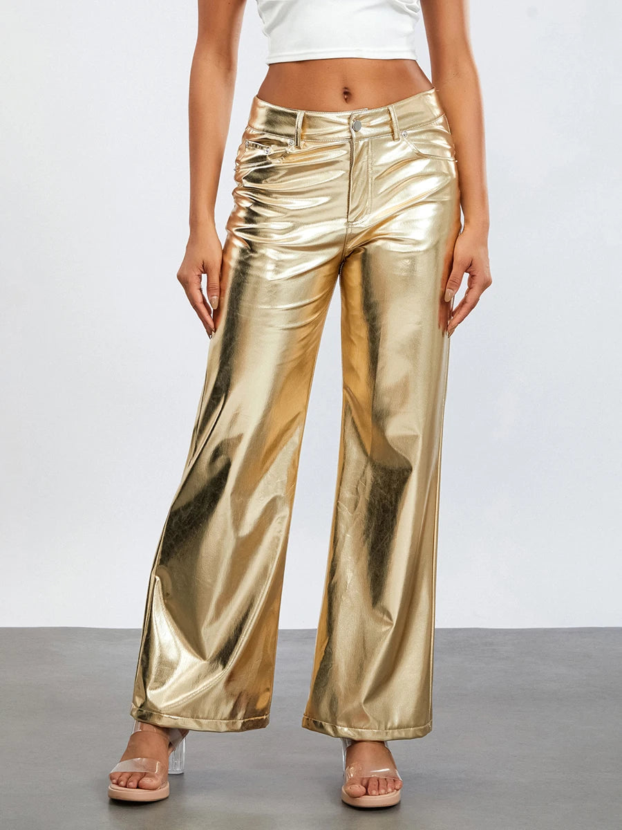 Women s Metallic Jeans Loose Low Waist Button Straight Leg Long Length Gold Trousers Glitter Pants with Front Pockets - Premium  from Lizard Vigilante - Just $38.99! Shop now at Lizard Vigilante