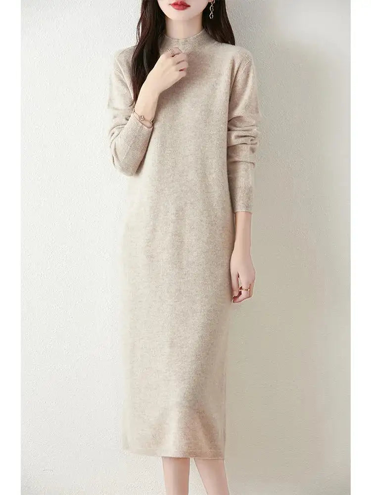 Autumn Winter Women's Wool Long Dress Cashmere Mock Neck Pullover Sweater 100% Merino Wool Soft Knitwear OL Simple Basic Dress