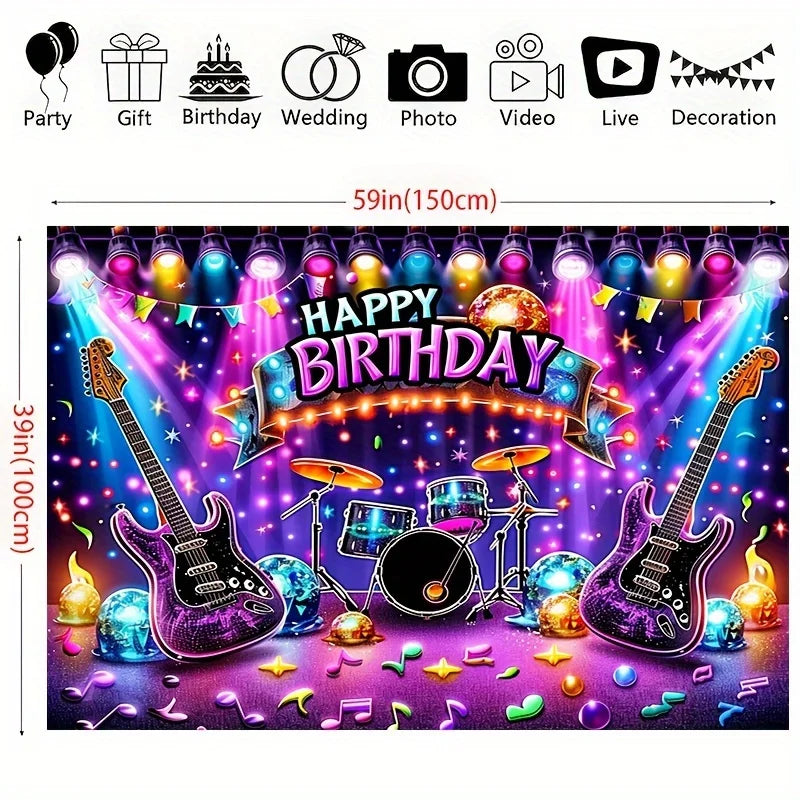 Rockstage Riot Birthday Backdrop – Guitar & Drum Explosion Wall Banner