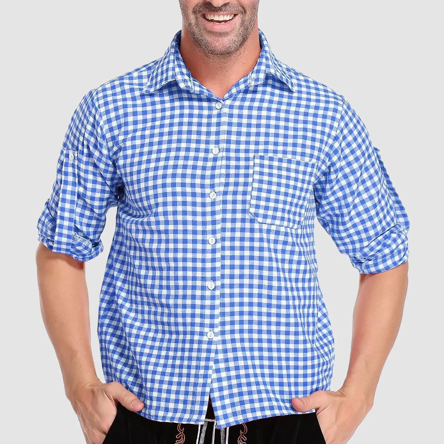 Men’s German Traditional Plaid Shirt – Oktoberfest Casual Beer Shirt with Pockets | Button Down Lapel Long Sleeve Shirt - Premium shirt from Lizard Vigilante - Just $38.88! Shop now at Lizard Vigilante