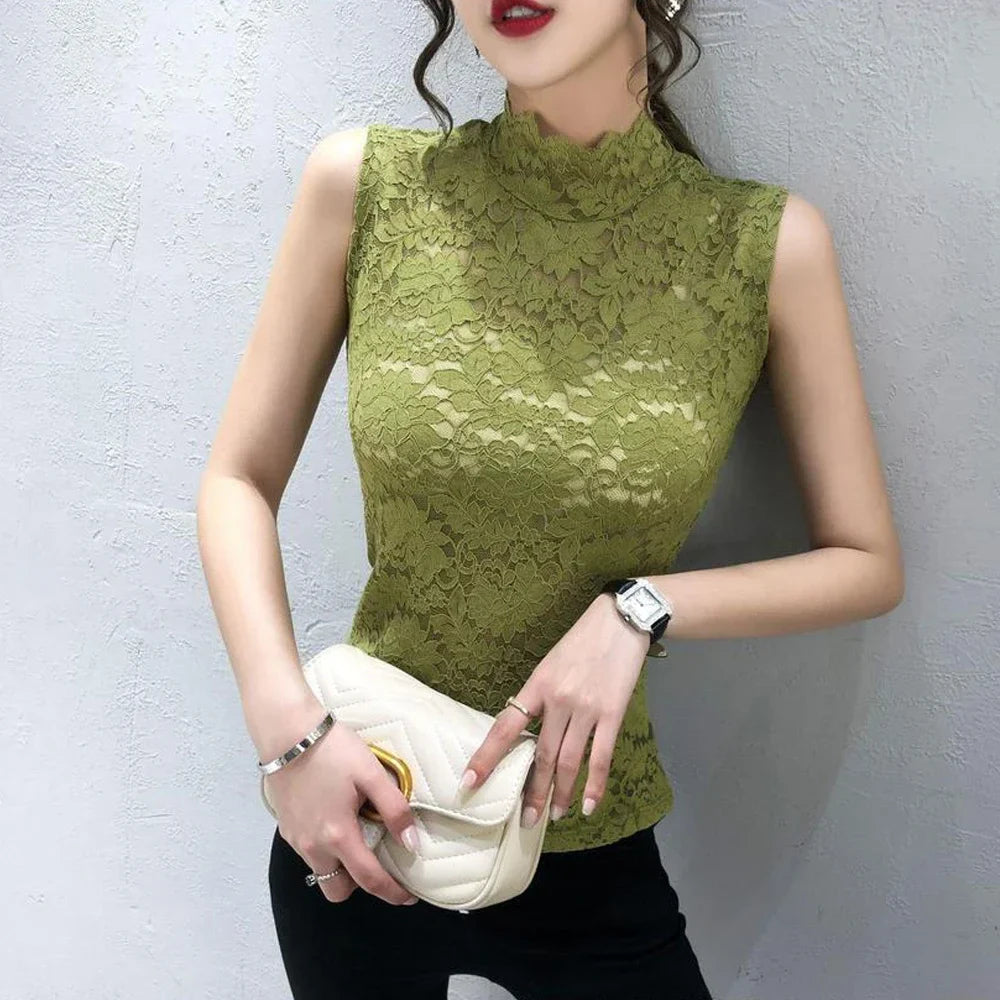 Women Stretch Turtleneck Petal Sleeve Shirt Women Blue Green White Black Flowers Lace T Shirt Ladies S-2XL Tops Fashion Ladies - Premium  from Lizard Vigilante - Just $6.99! Shop now at Lizard Vigilante