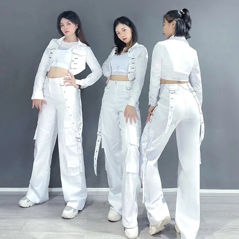 Kpop Korean New Women White Slim Crop Top Cargo Pants Concert Outfits Festival Clothes Lady Stage Rave Hip Hop Vest Dancer Suits - Premium  from Lizard Vigilante - Just $39.99! Shop now at Lizard Vigilante