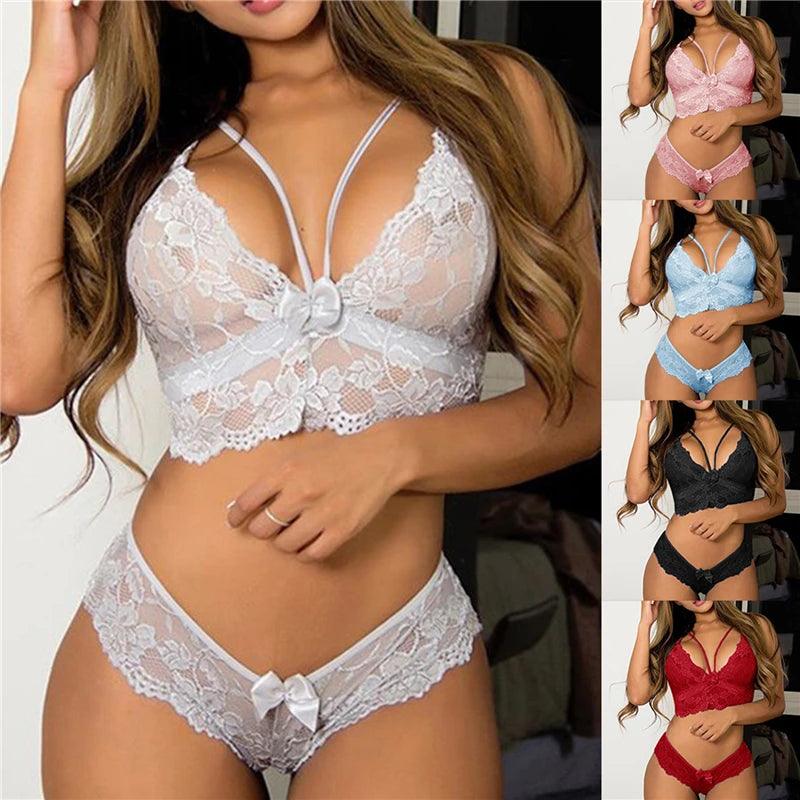 Women Lingerie Corset Lace Floral Gathering Underwear Bra Two Piece Underwear Set G-string Sexy Lace Panties Women Lenceria 2023 - Lizard Vigilante