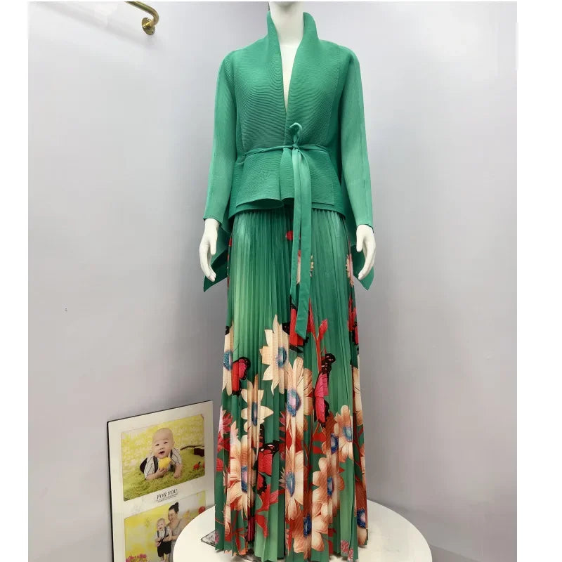 Miyake Pleated Women's Suit – Luxe Lace-Up Top with Printed Swing Skirt, Elegant 2-Piece Set for Sophisticated Summer Fashion - Premium dress from Lizard Vigilante - Just $84.99! Shop now at Lizard Vigilante