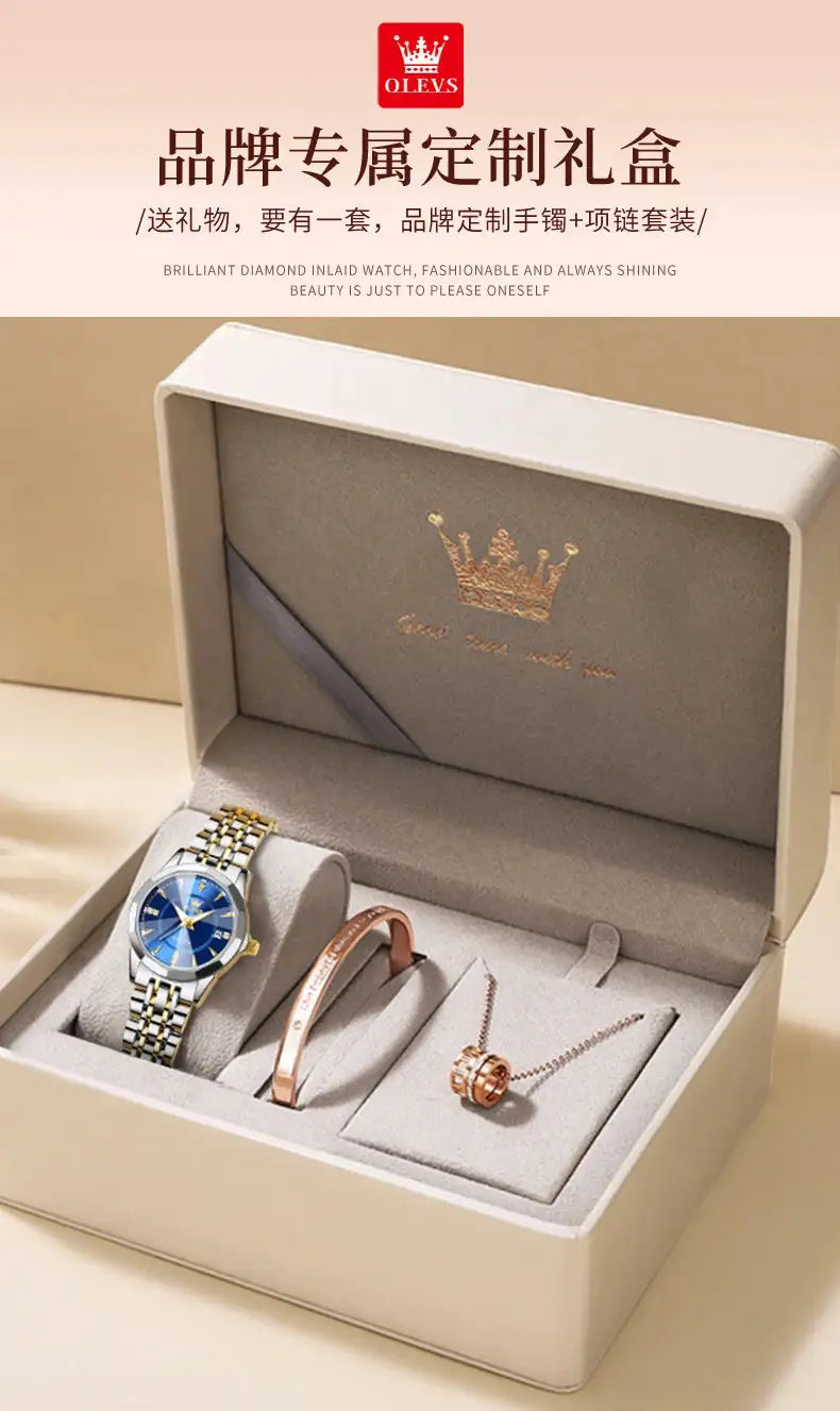 OLEVS Original Brand Elegant Women's Watches Waterproof Luminous Quartz Watch for Lady Necklace Bracelet Gift Box Set Calendar