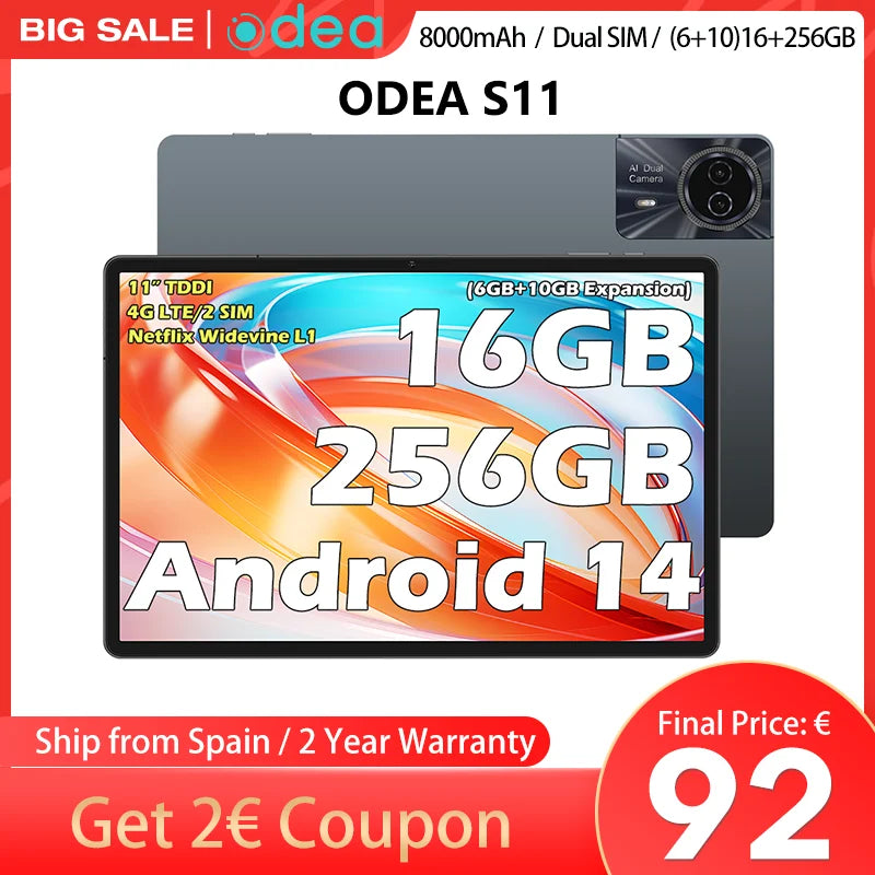 Odea S11 Tablet, 11 Inch Tddi, Android 14, (6+10)16Gb Ram, 256Gb Rom, 4g Lte, 8000Mah, 1920X1200, Unisoc T606, 8 Cores, Mali-G57, 5g Wifi, Gps, Sim Slots*2, Tf up to 1Tb, for Netflix Widevine L1