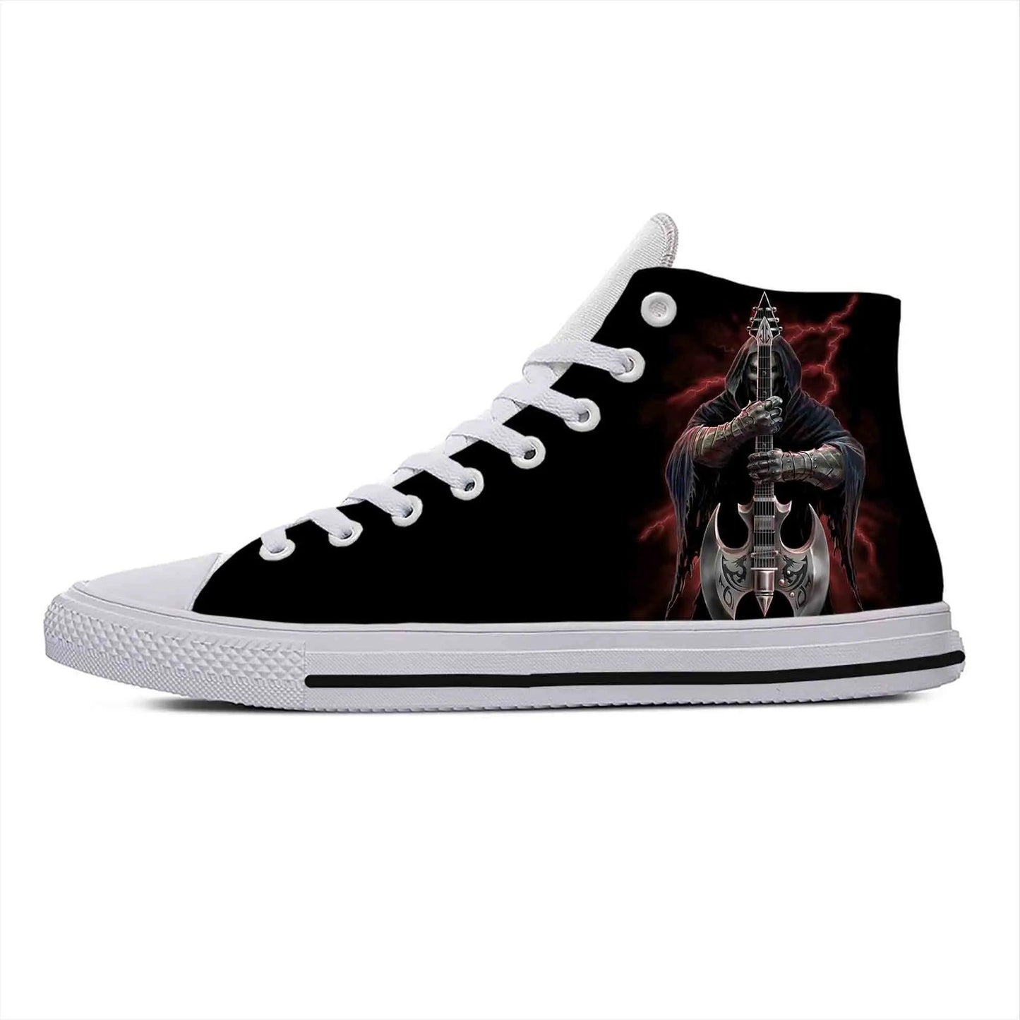 Gothic High-Top Canvas Sneakers with 3D Print – Casual Skull High Top Shoes for Men and Women Heavy Metal Rock Skull Guitar Grim Reaper - Premium Shoes from Lizard Vigilante - Just $39.99! Shop now at Lizard Vigilante