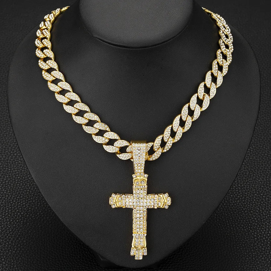 Rap Cross Pendant Necklace | Rhinestone Hip-Hop Jewelry | Unisex Gold and Silver Chains - Premium Necklace from Lizard Vigilante - Just $15.99! Shop now at Lizard Vigilante