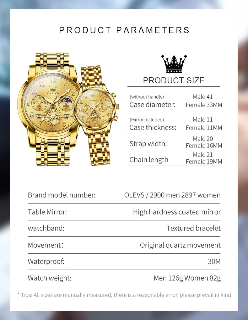 OLEVS New Flywheel Design Luxury Couple Watch Waterproof Moon Phase Chronograph Brand Original Quartz Wrist Watch for Men Women - Premium  from Lizard Vigilante - Just $50.99! Shop now at Lizard Vigilante